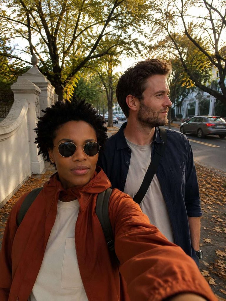 Couple walking through historic Cape Town streets in autumn
