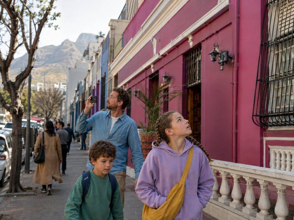 Family exploring the colourful historic streets of Cape Towns Bo-Kaap neighbourhood