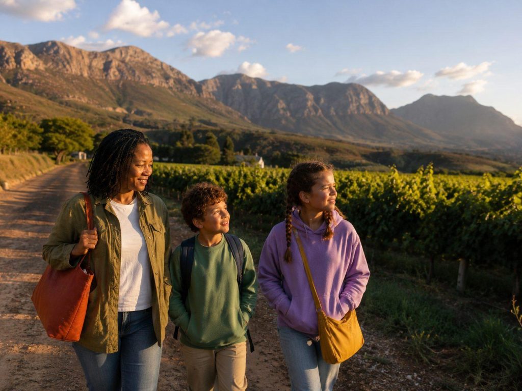 Family walking through a Cape Winelands vineyard with mountains in the distance