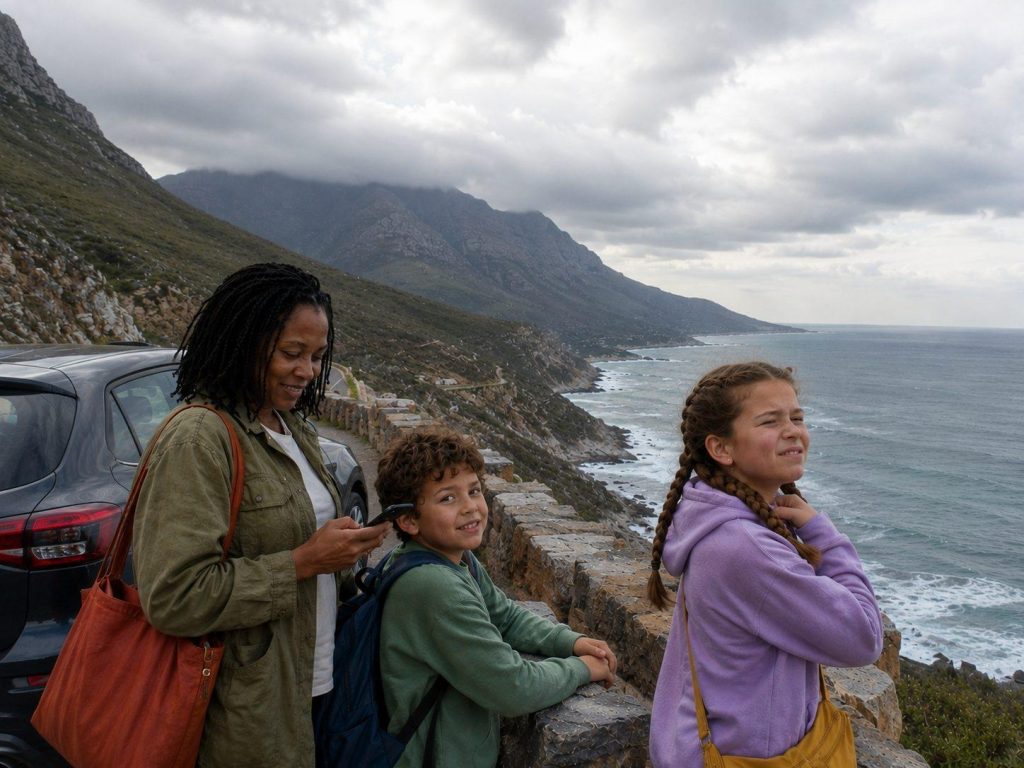 Family enjoying a Chapmans Peak Drive lookout over the Cape Town coastline
