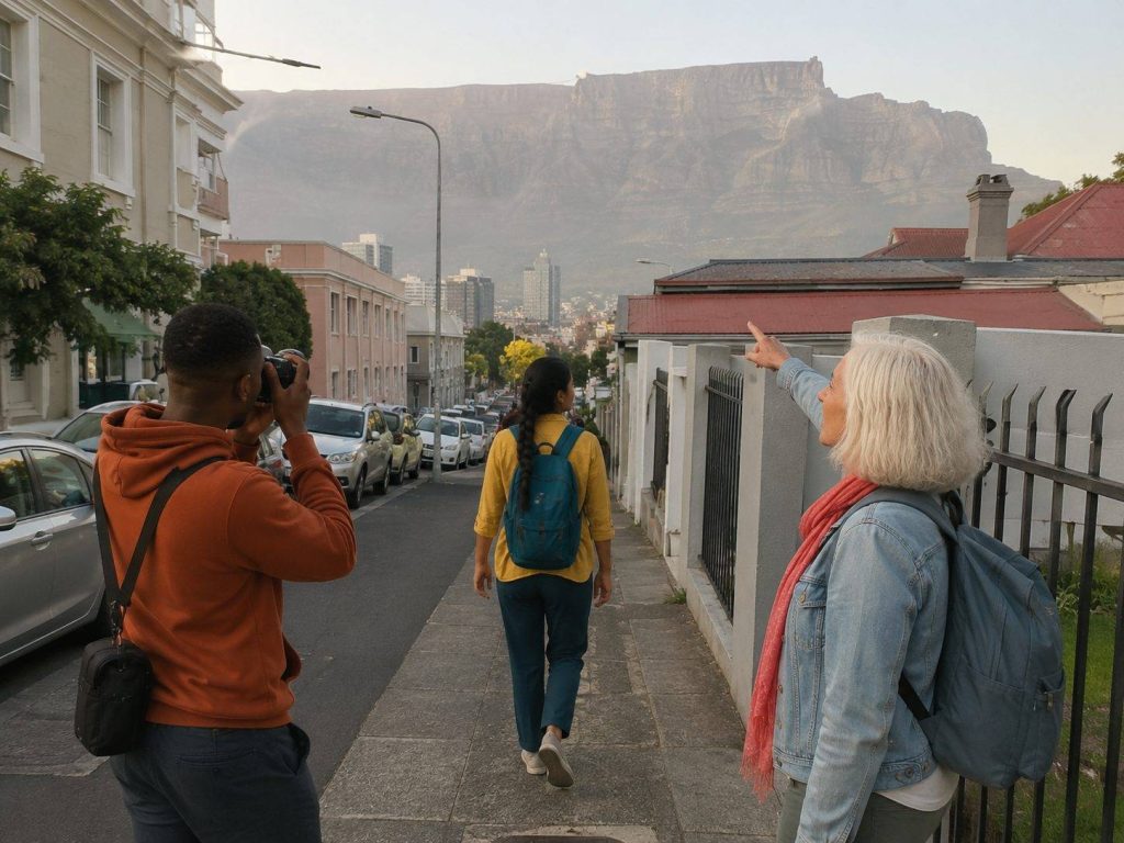 Friends walking along a historic Cape Town sidewalk with Table Mountain in view
