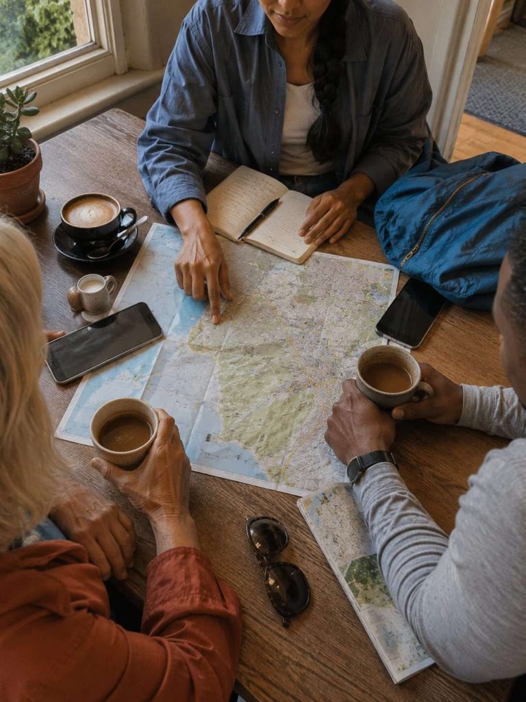 Hands planning a Cape Town travel itinerary with a map and coffee on a table