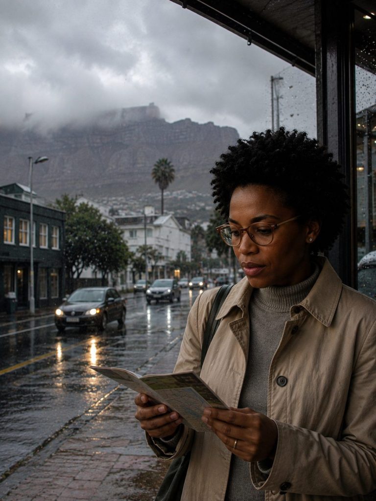 Traveller reading a map during rainy-day Cape Town sightseeing near Table Mountain