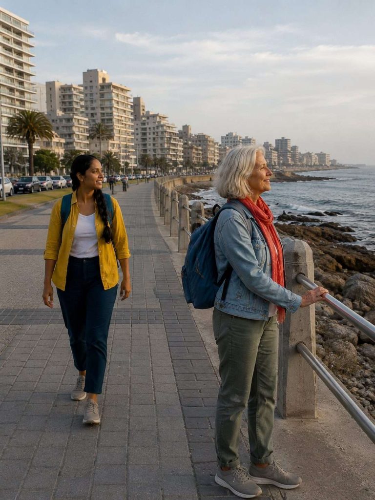 Friends walking beside the ocean on Cape Towns Sea Point promenade