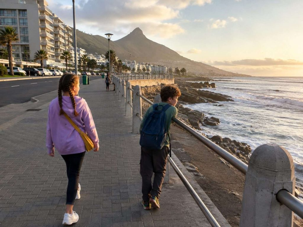 Children and family walking the Sea Point promenade at sunset with Lions Head nearby