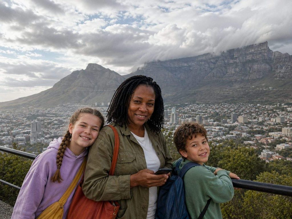 Family portrait at a Table Mountain viewpoint with clouds over Cape Town