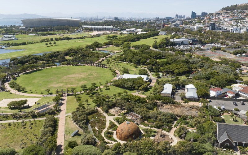 Aerial view of Green Point Park, Cape Town, with lawns, paths and surrounding city streets.